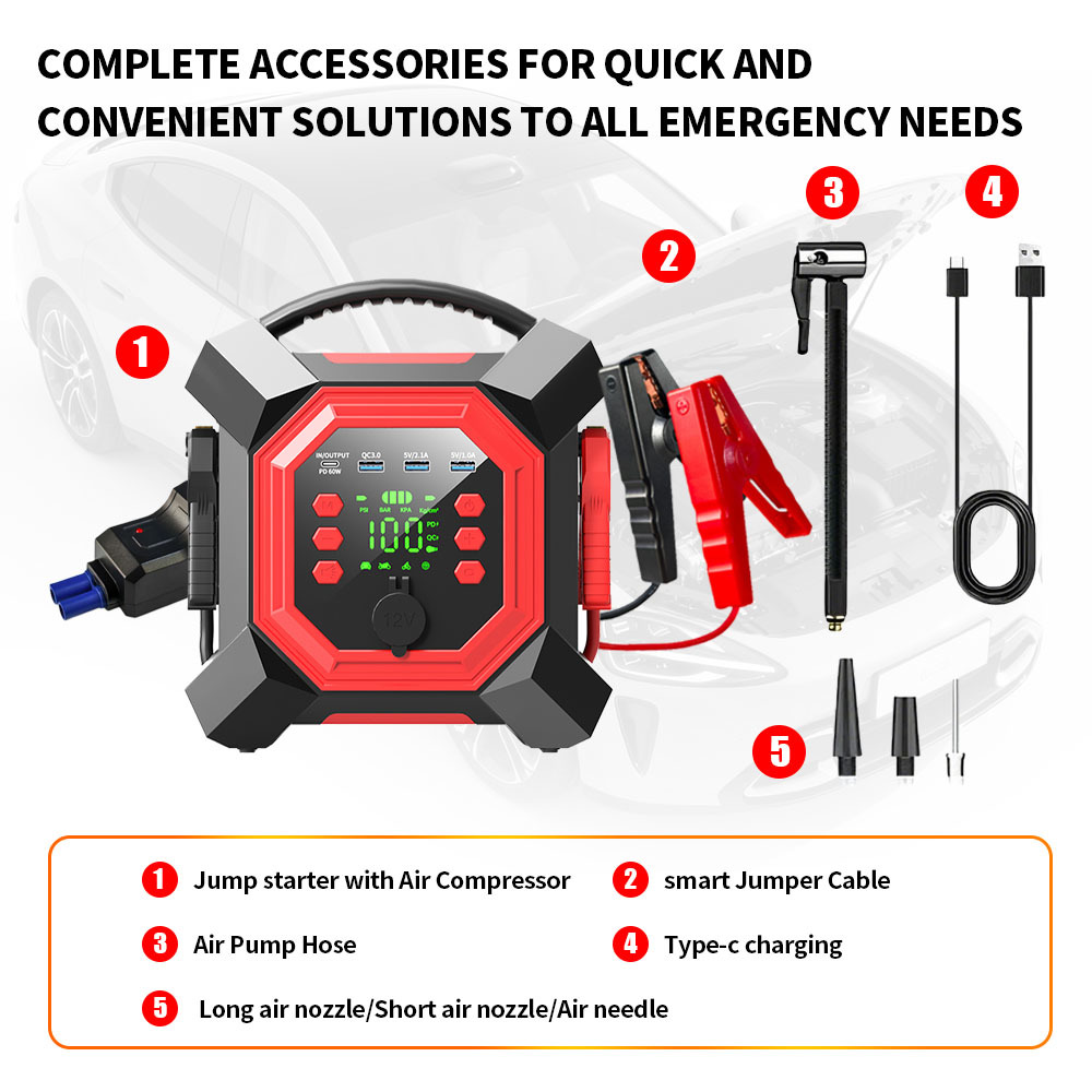 Digital Car Battery Booster Jumper Pack 24000mAh Jump Starter Power Bank With Tire Inflator 150PSI