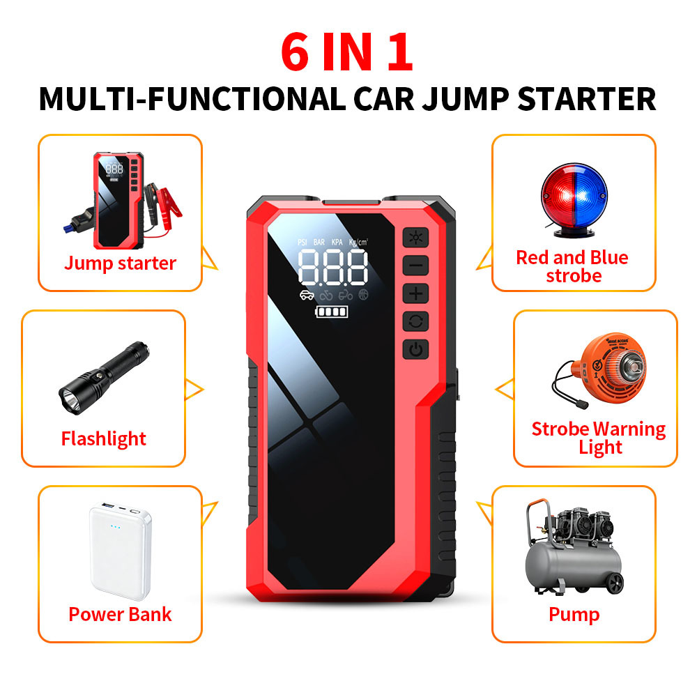 Multi Function Car Jump Starter Pack Portable Emergency Battery Jump Starter 6400mAh 8000mAh 12V With Air Compressor