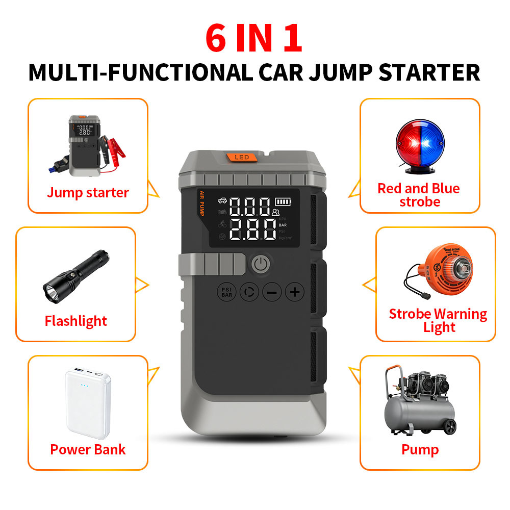 LED Display Car Battery Charger Battery With Air Compressor Type C Car Battery Jump Box Portable Tyre Inflator