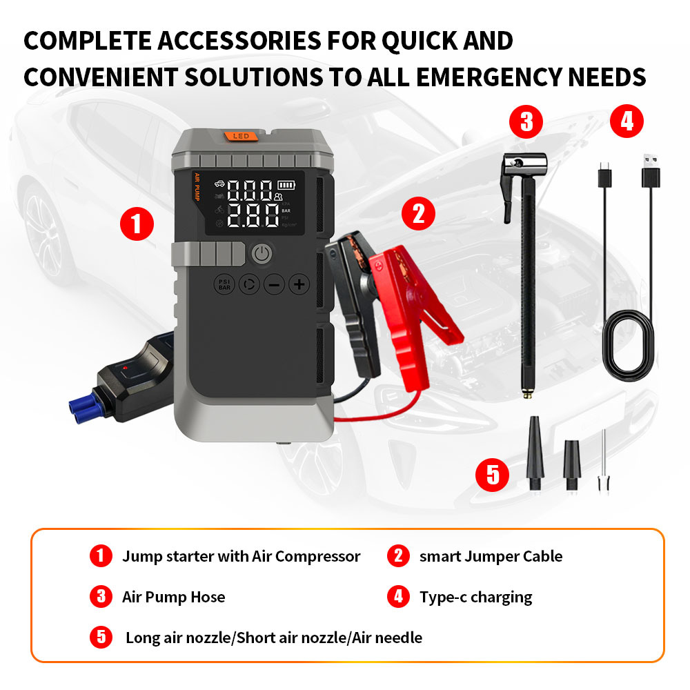Portable Battery 8000mAh Jump Starter With Air Compressor Type C Car Battery Jump Box Battery Tyre Inflator