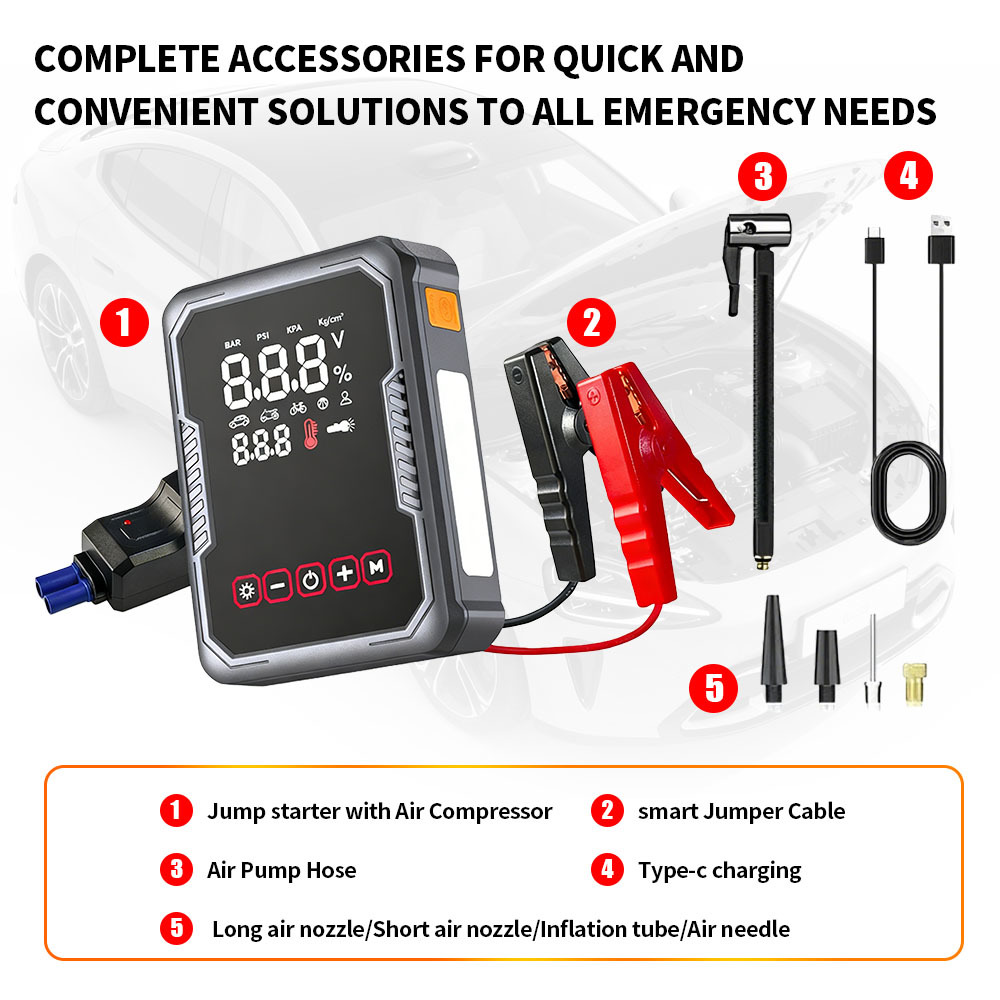 3 In 1 Jump Starter With Tyre Inflator 12V With SOS Warning Light Air Compressor Tire Inflator Car Jump Starter Kit