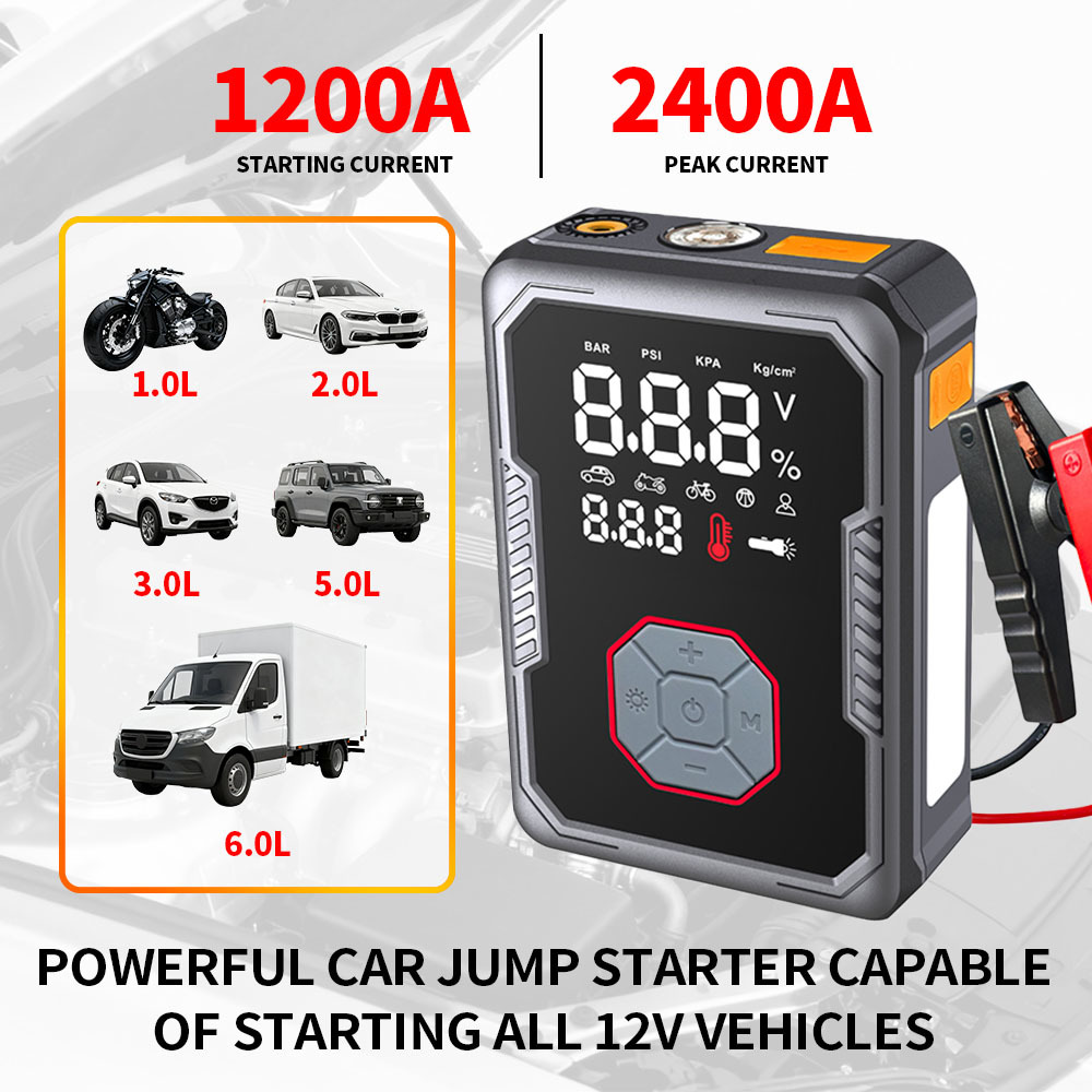 1200A 1800A 2400A Vehicle Battery Jump Starter Pack With Air Compressor 3.2 Inch LED Display