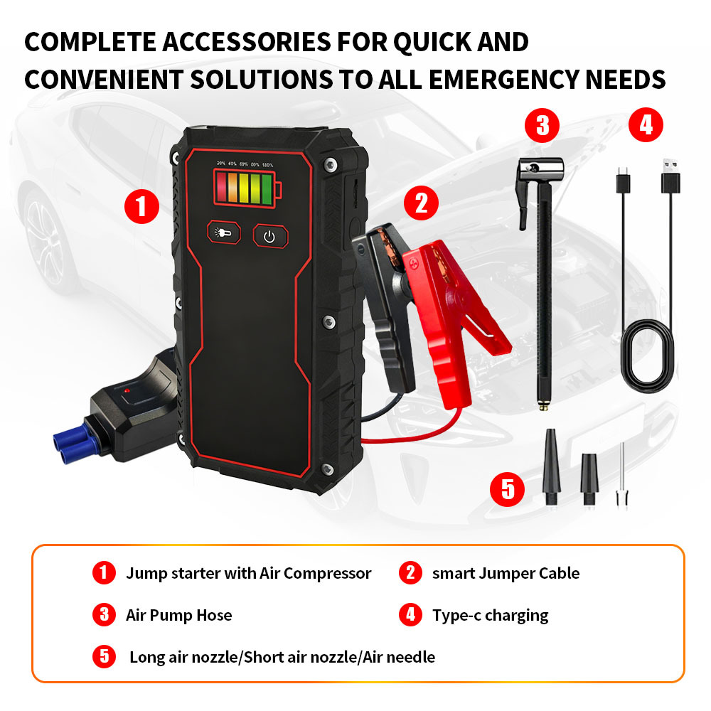 8000mAh 10000mAh 3 In One Jump Starter With Tire Inflator Power Bank 12V Emergency Battery Jumper Pack