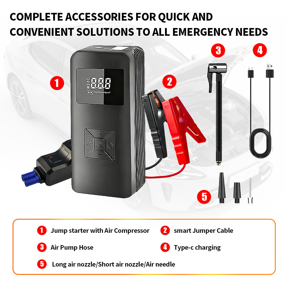 12V Emergency Battery Booster Air Compressor 7200mAh Intelligent Portable Jump Starter Pack