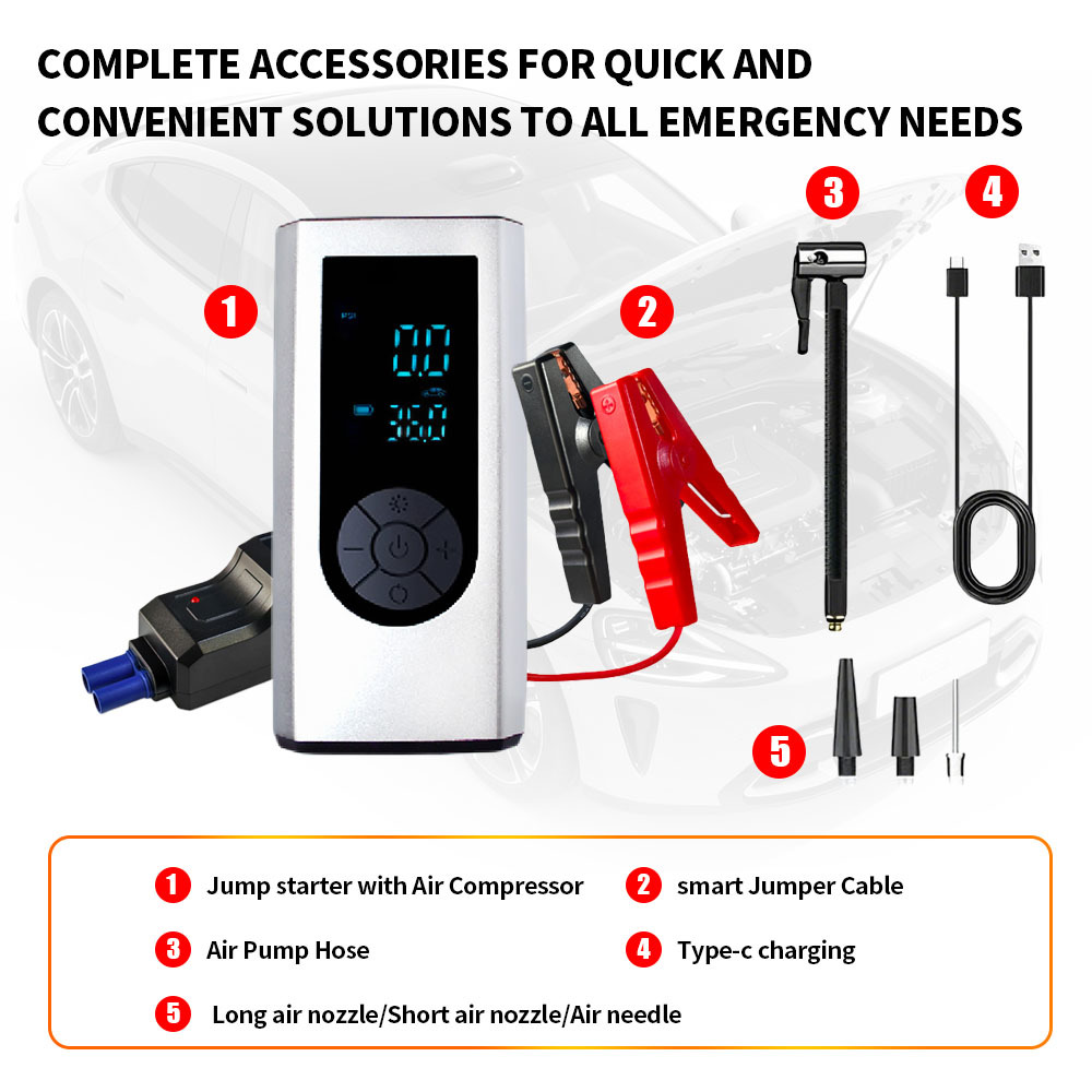 Portable Car Air Compressor For Tires 12V 150psi Digital Rechargeable Car Battery Charger Jump Starter Led Display