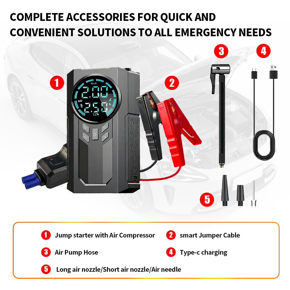Multi Function Mini Jump Starter With Tyre Inflator 150 PSI Car Air Pump Compressor Tire Pump Emergency Starter Pack