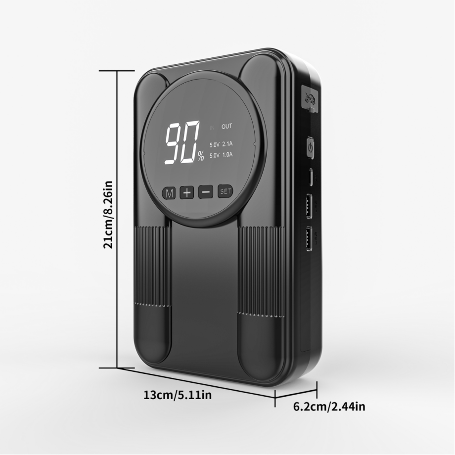 Smart Portable 6400mAh Jump Starter and Tire Inflator with 150 PSI Max Pressure and 19 Angled Cylinders