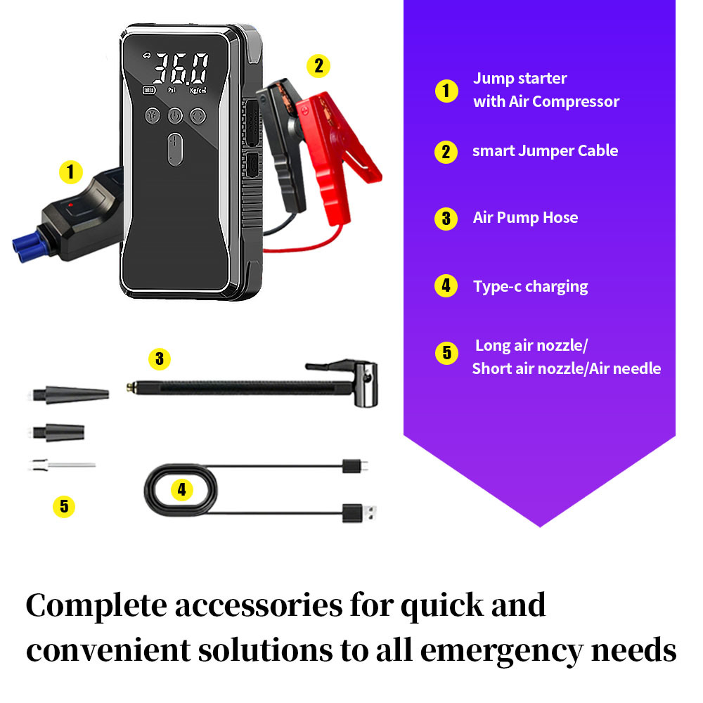 Emergency Jump Starter and Air Compressor All-in-One , 12V Car Battery Booster , Multi-function Vehicle Power Bank