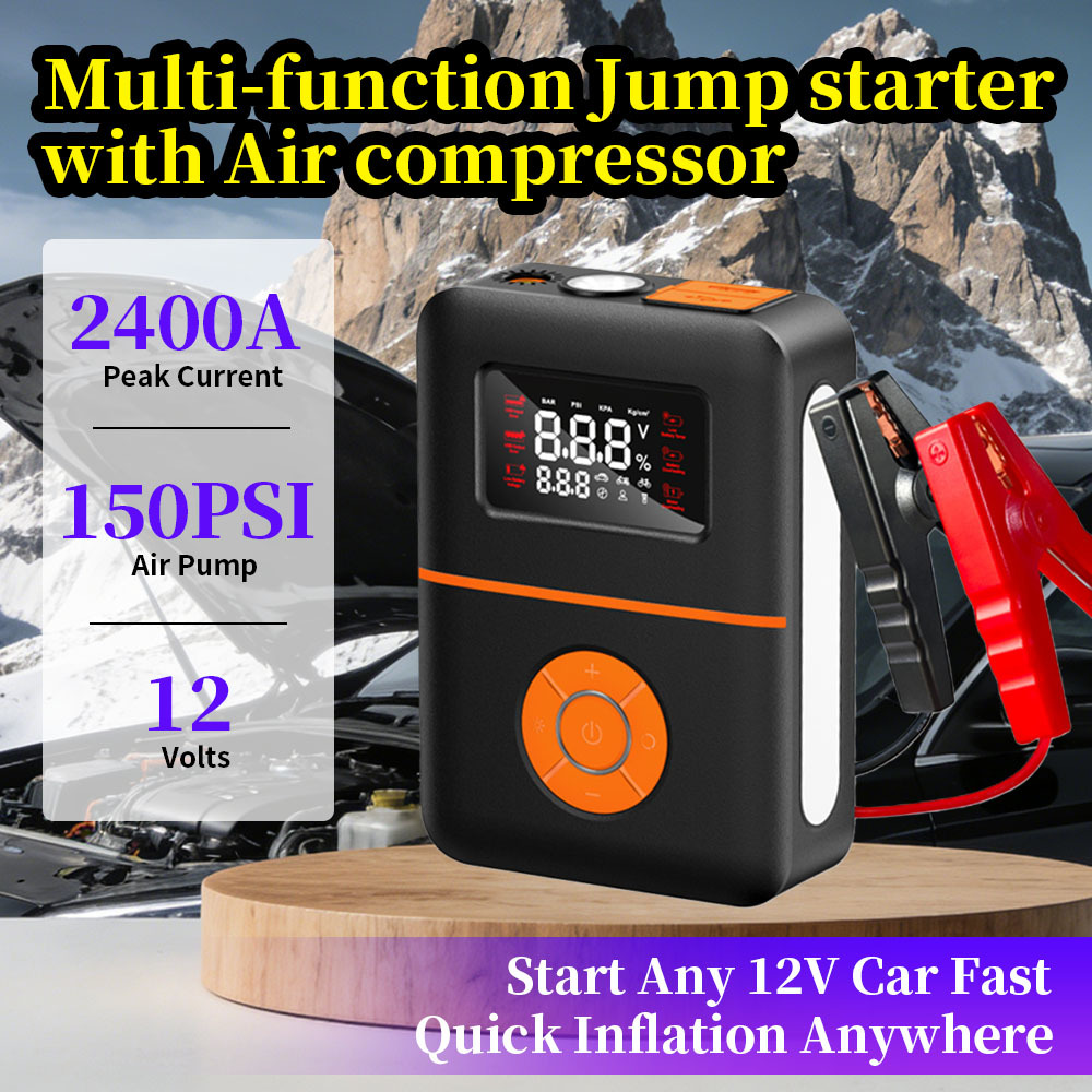 2400A Peak Current Car Jump Starter with 150 PSI Air Compressor and 16000mAh Power Bank for 12V Vehicles