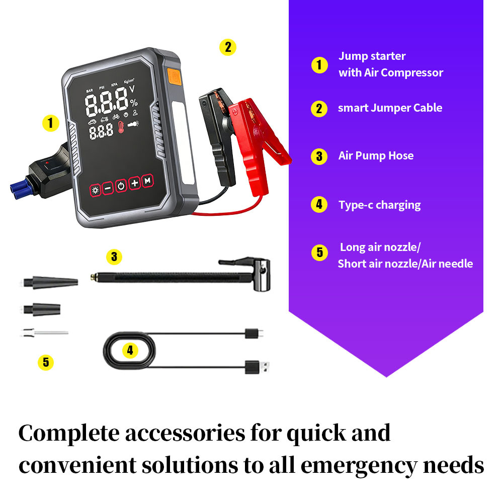 Portable 2400A Peak Current Car Jump Starter with 150PSI Air Compressor and 8000mAh Battery Booster for Cars SUVs Trucks