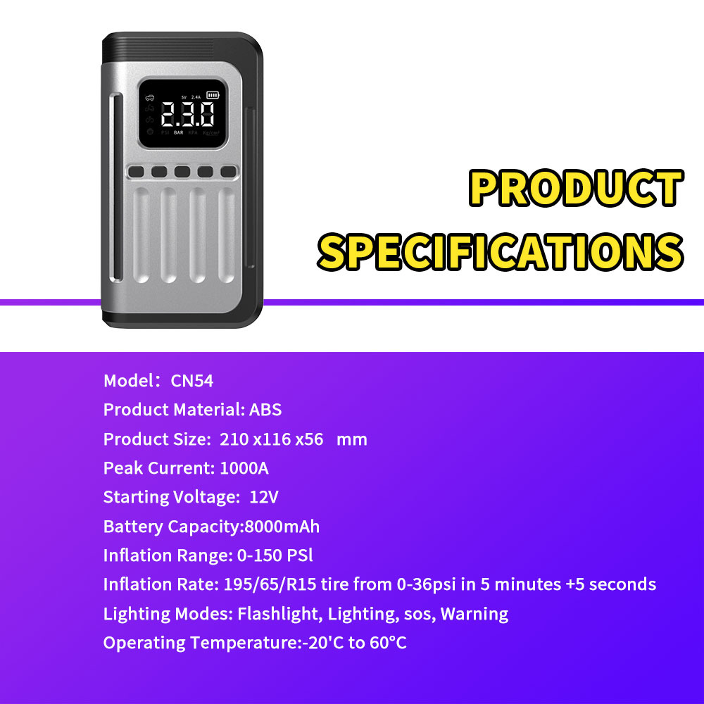 8000mAh 12V Car Jump Starter with 150PSI Air Compressor and Multi-Function Portable Power Bank for Emergency Use