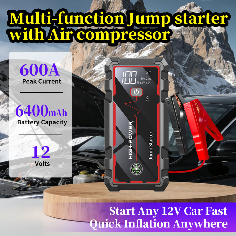 600A Peak 12V Car Jump Starter with 6400mAh Portable Power Bank and Multi-Function Emergency Features