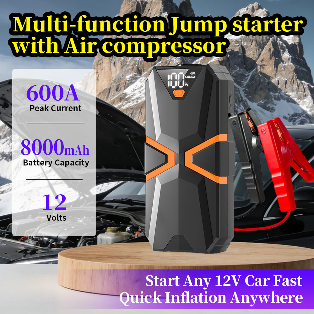 Portable Car Jump Starter with 600A Peak Current 8000mAh Battery and Air Compressor for Gas & Diesel Engines