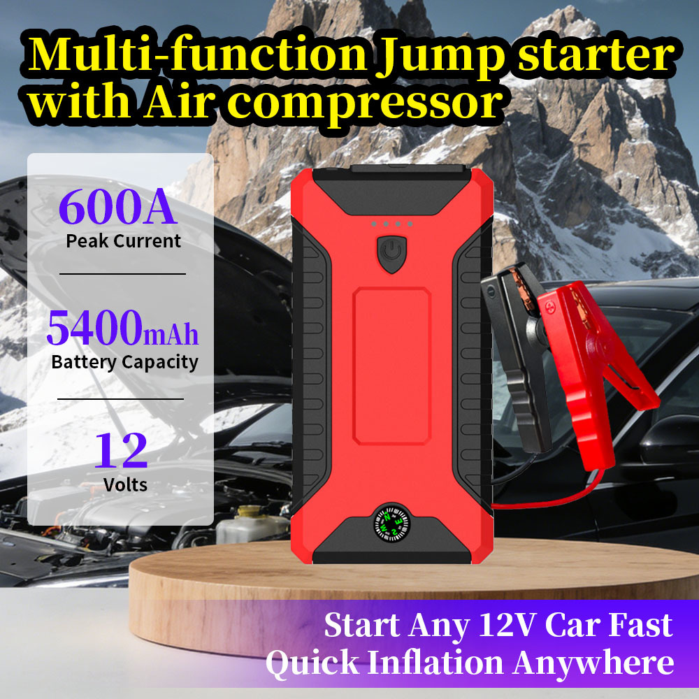 Portable 600A Peak Car Jump Starter with 5400mAh Battery and Air Compressor for Emergency Vehicle Boost