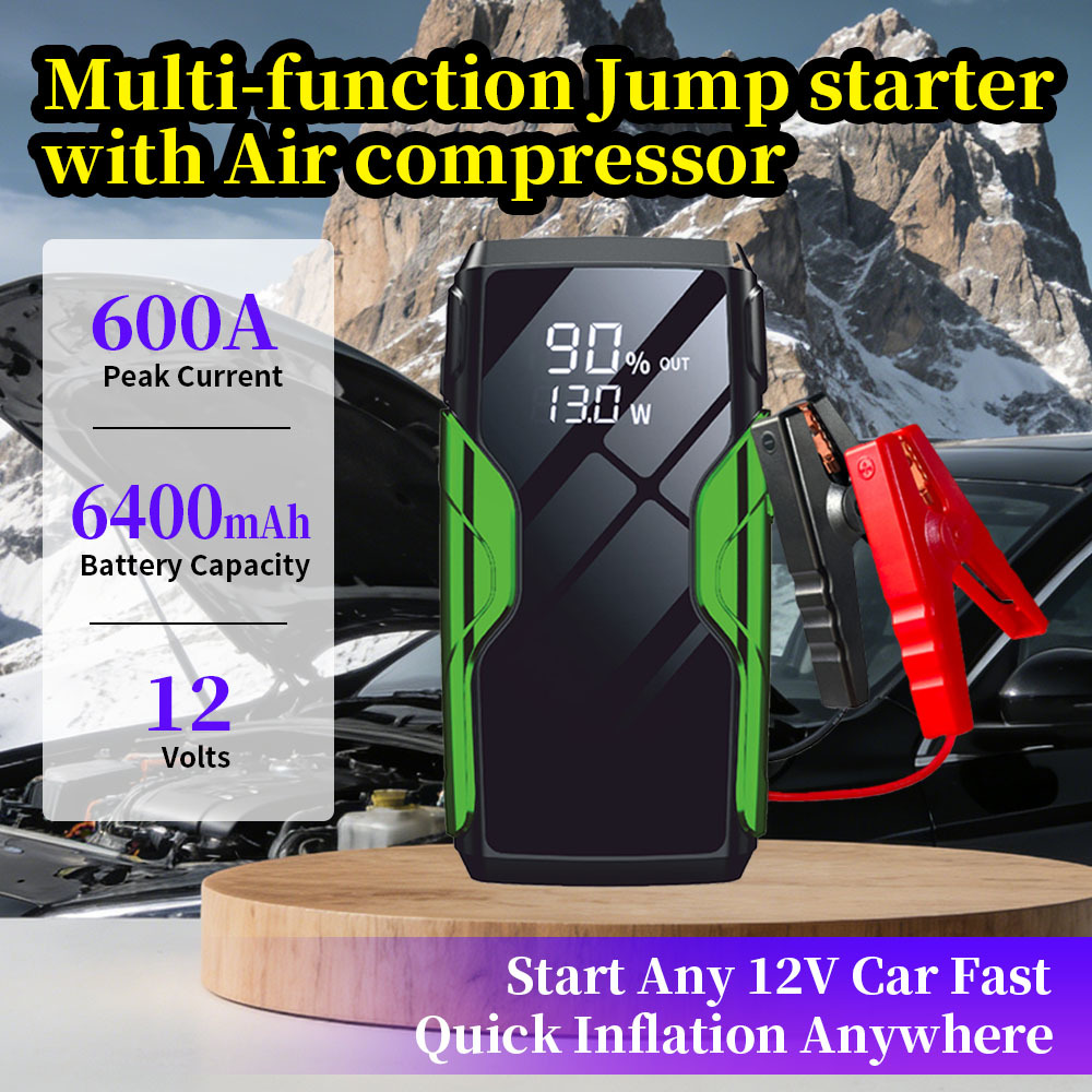 Multi-Function 600A Peak Car Jump Starter with 6400mAh Power Bank and Air Compressor