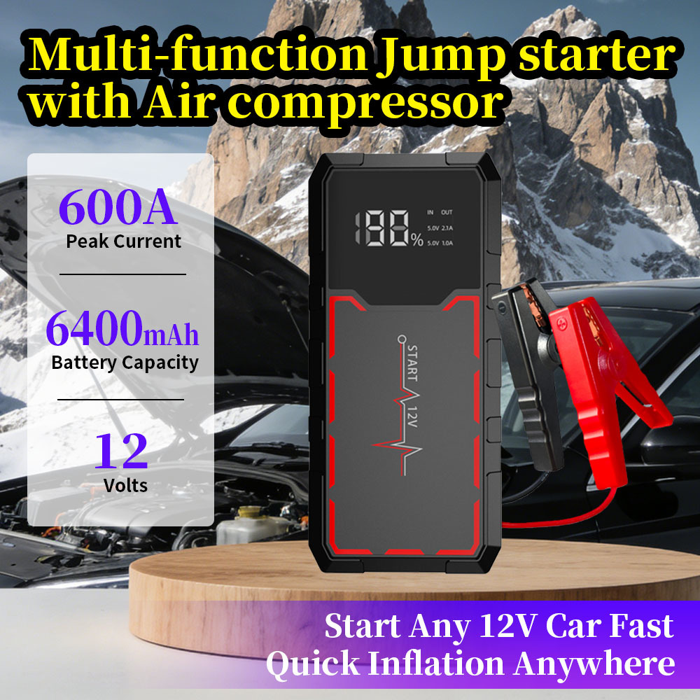 6400mAh Multi-Function Jump Starter with 300A Starting Current and Air Compressor for Emergency Car Battery Boosting