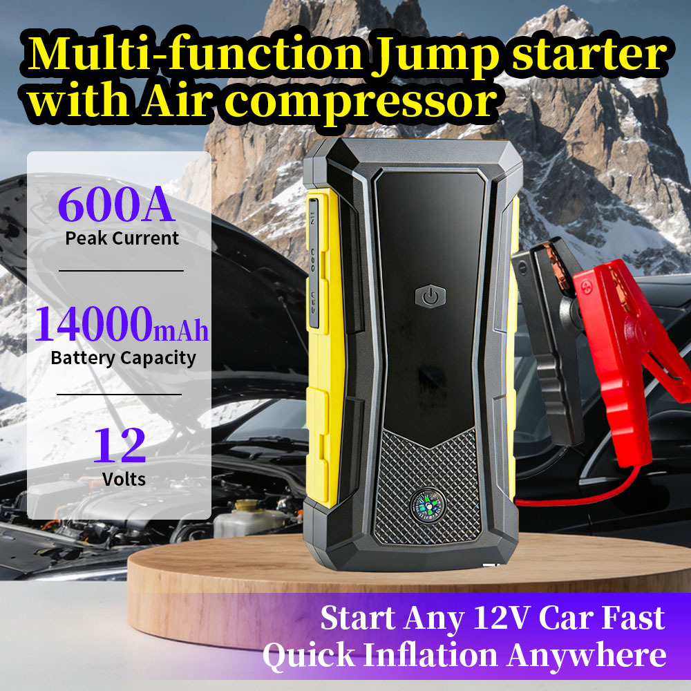 Multi-Function Car Jump Starter with 600A Start Current 14000mAh Battery Capacity and Built-in Air Compressor for Emergency Vehicle Starting