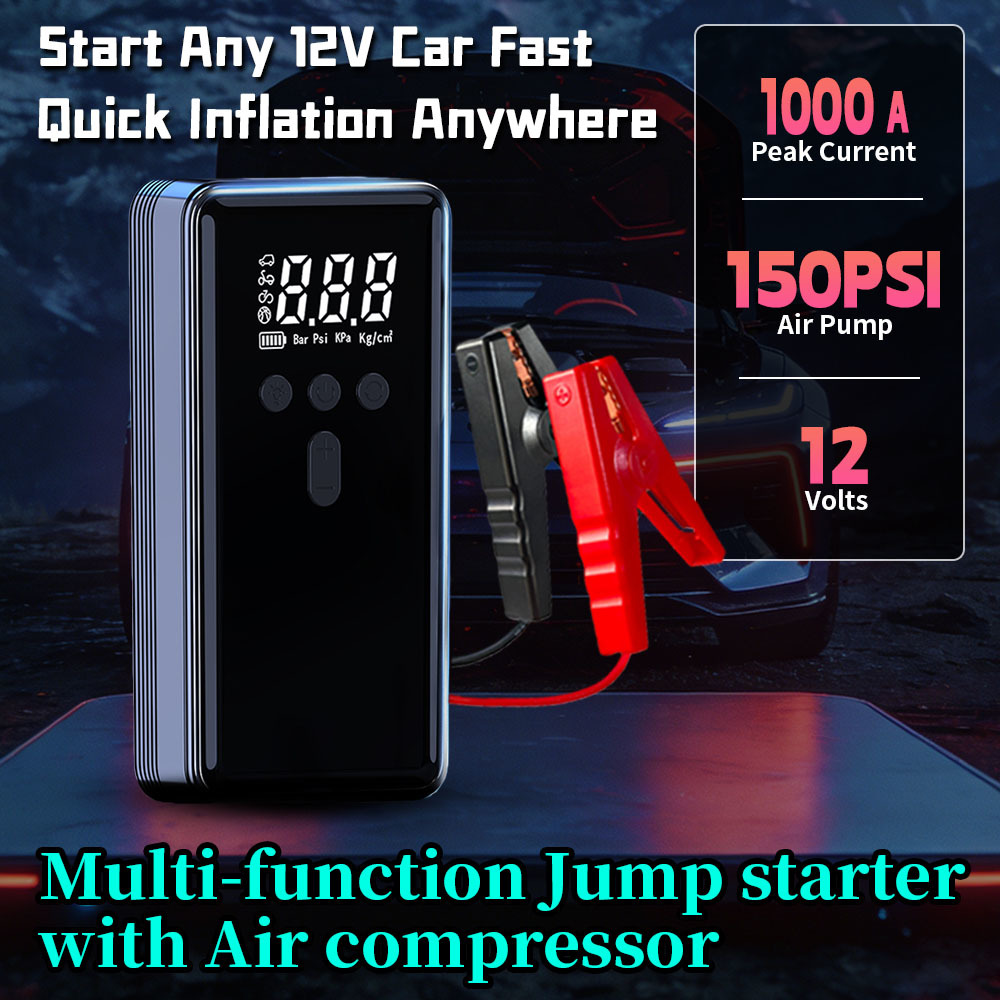 1000A Peak Current Jump Starter with 150 PSI Air Compressor and 6-in-1 Functionality Emergency Power Pack
