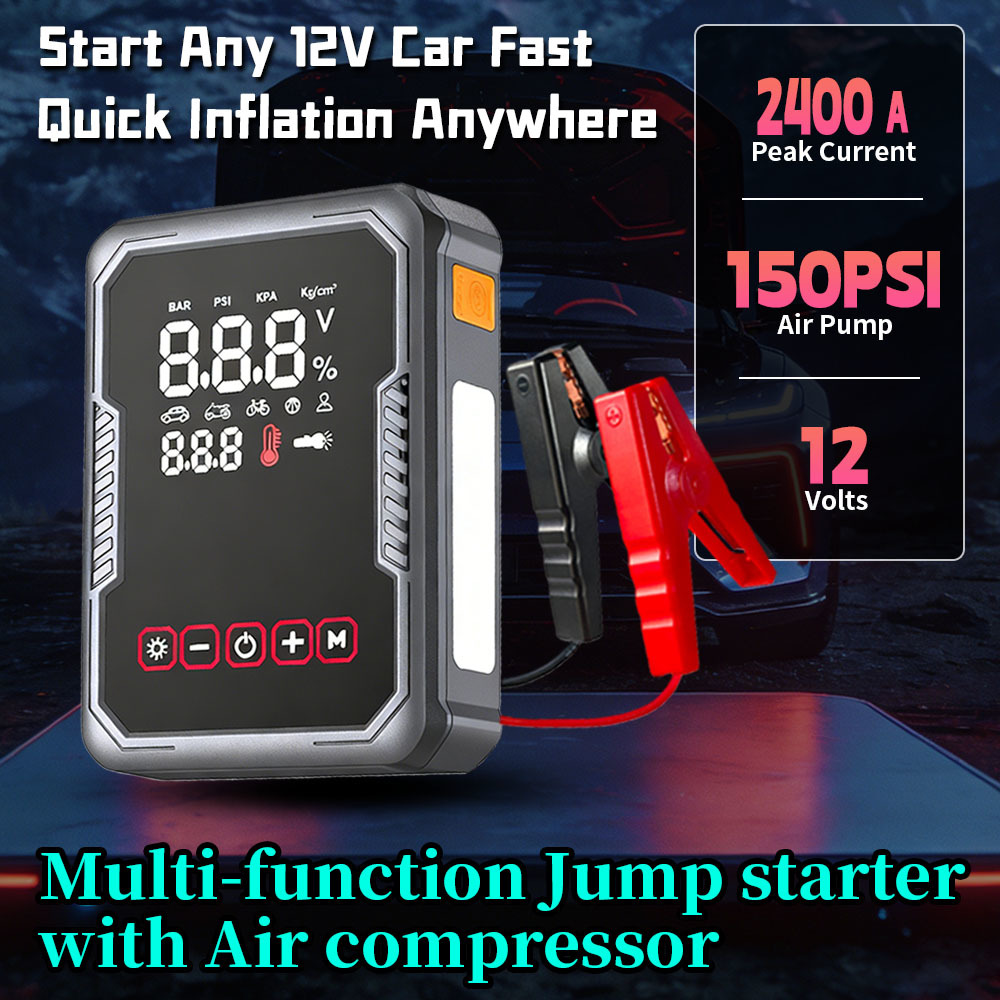 2400A Peak Current Jump Starter with 16000mAh Battery and 150 PSI Air Compressor for Emergency Car Boosting