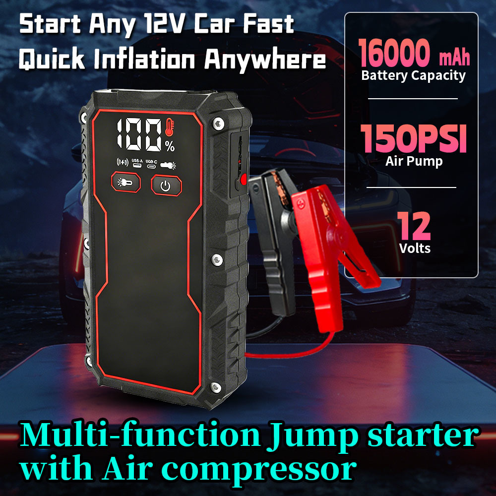 750A 10000mAh 150PSI Multi Functional Car Jump Starter with Air Compressor & LED Flashlight