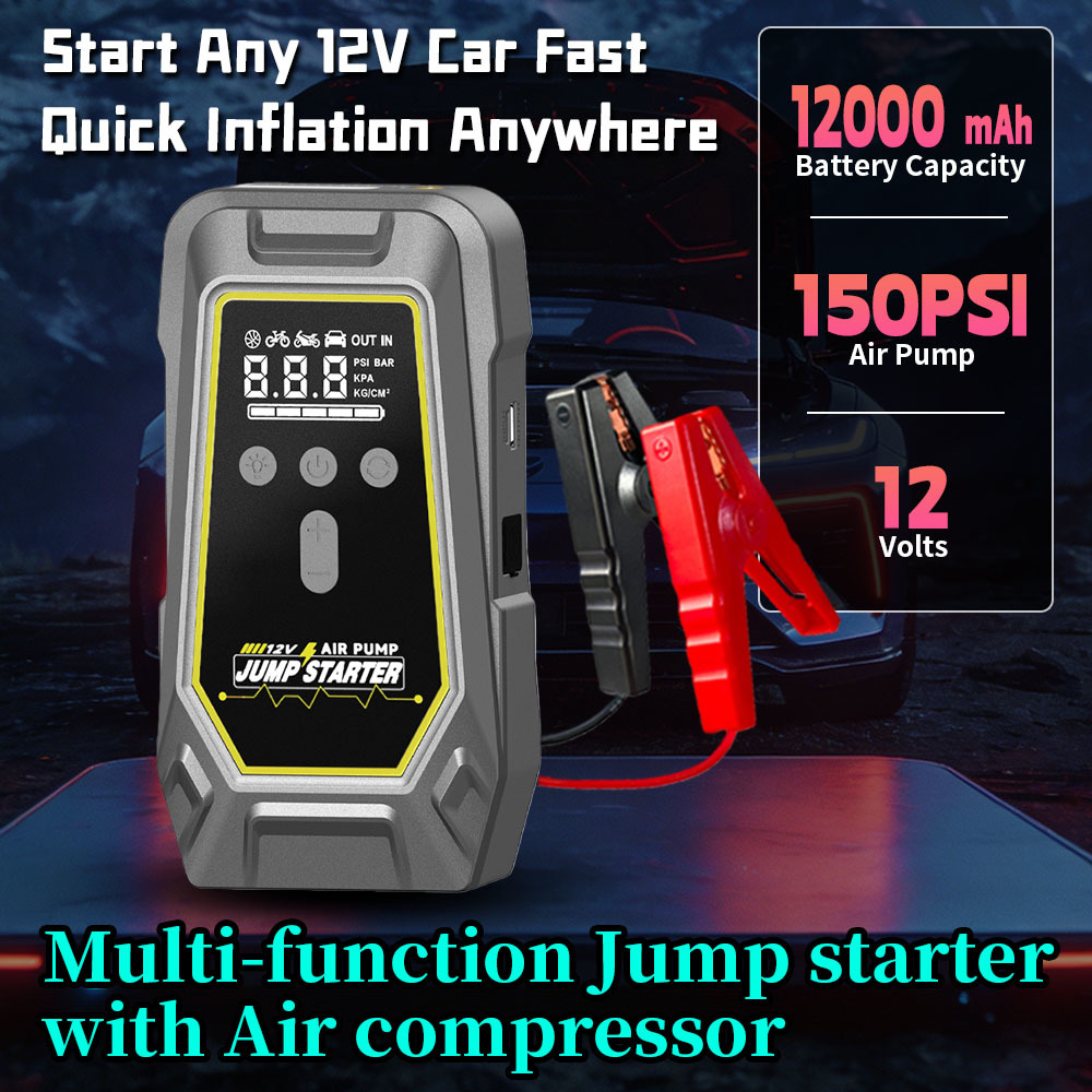 1000A Peak Current Car Jump Starter with 150PSI Air Compressor and 12000mAh Power Bank