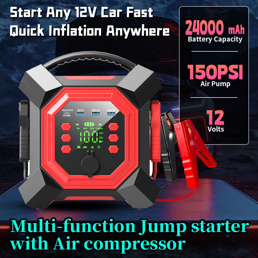 24000mAh 6-in-1 Multi-Functional Jump Starter with 150PSI Air Compressor and Emergency Lights