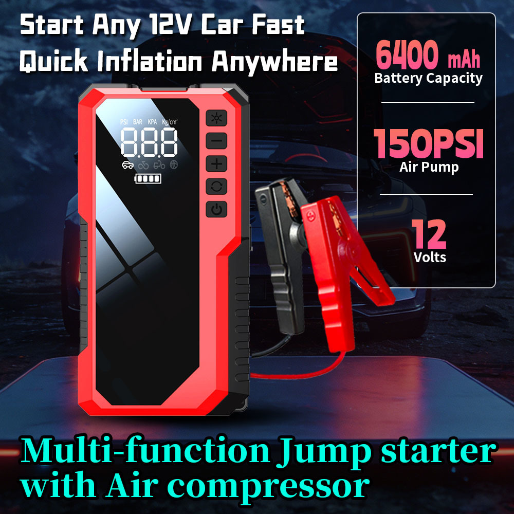 6400mAh 6-in-1 Multi-Function Jump Starter with 150 PSI Air Compressor and Car Battery Booster