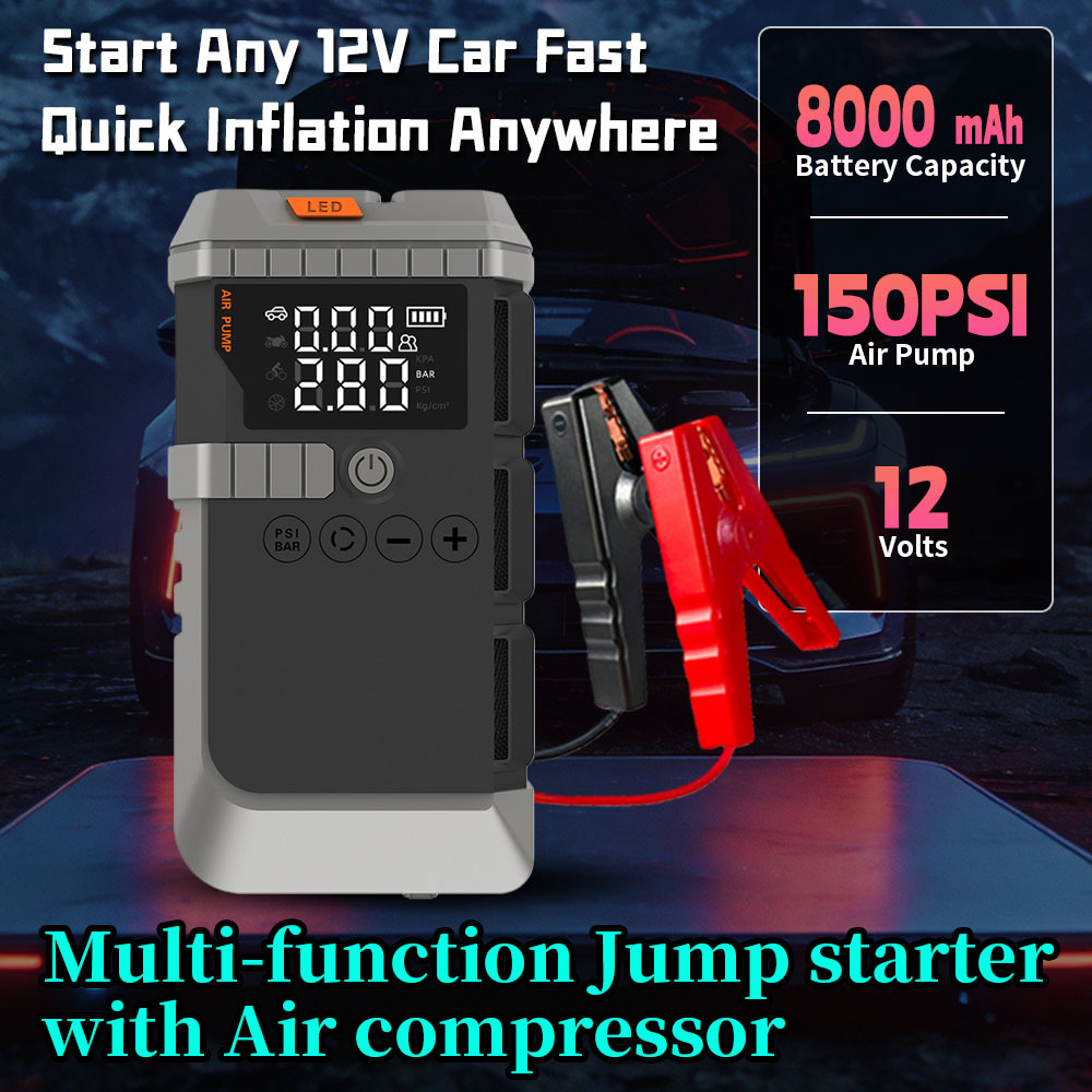 8000mAh 6-in-1 Jump Starter with 150 PSI Air Compressor and Emergency Lights for Car Battery Boosting