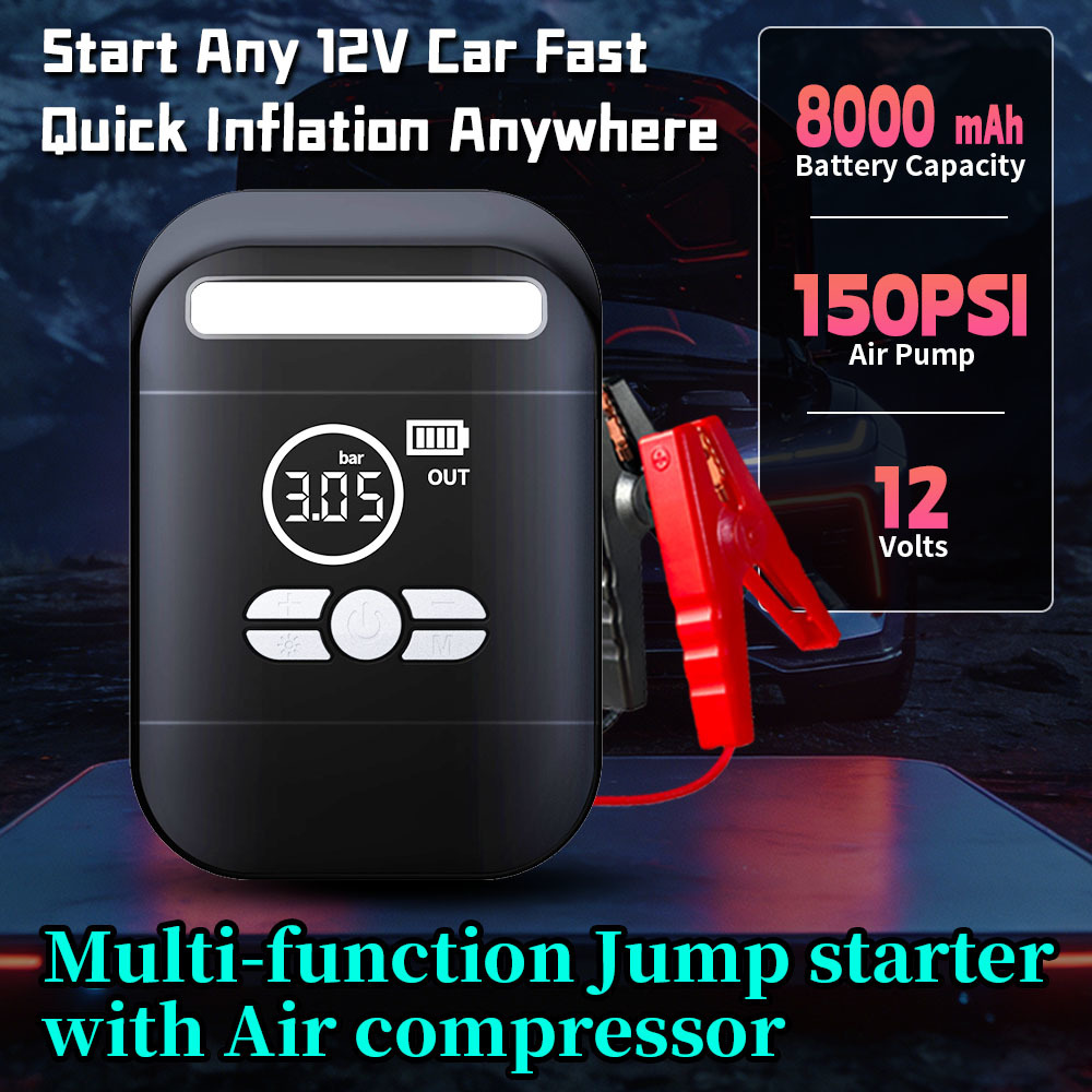 8000mAh 12V Jump Starter with 150 PSI Air Compressor and 1000A Peak Current for Car Battery Boosting