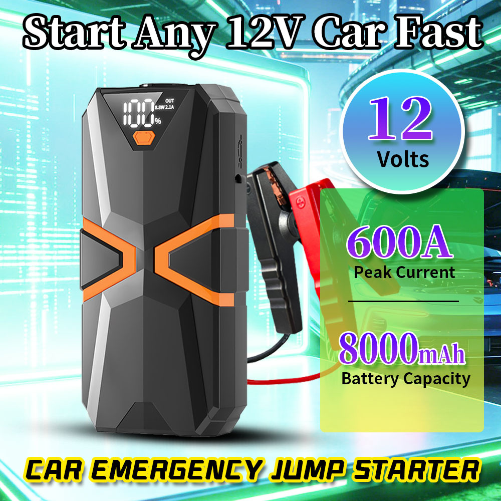 600A Peak Car Jump Starter with 8000mAh Power Bank and Integrated Air Pump