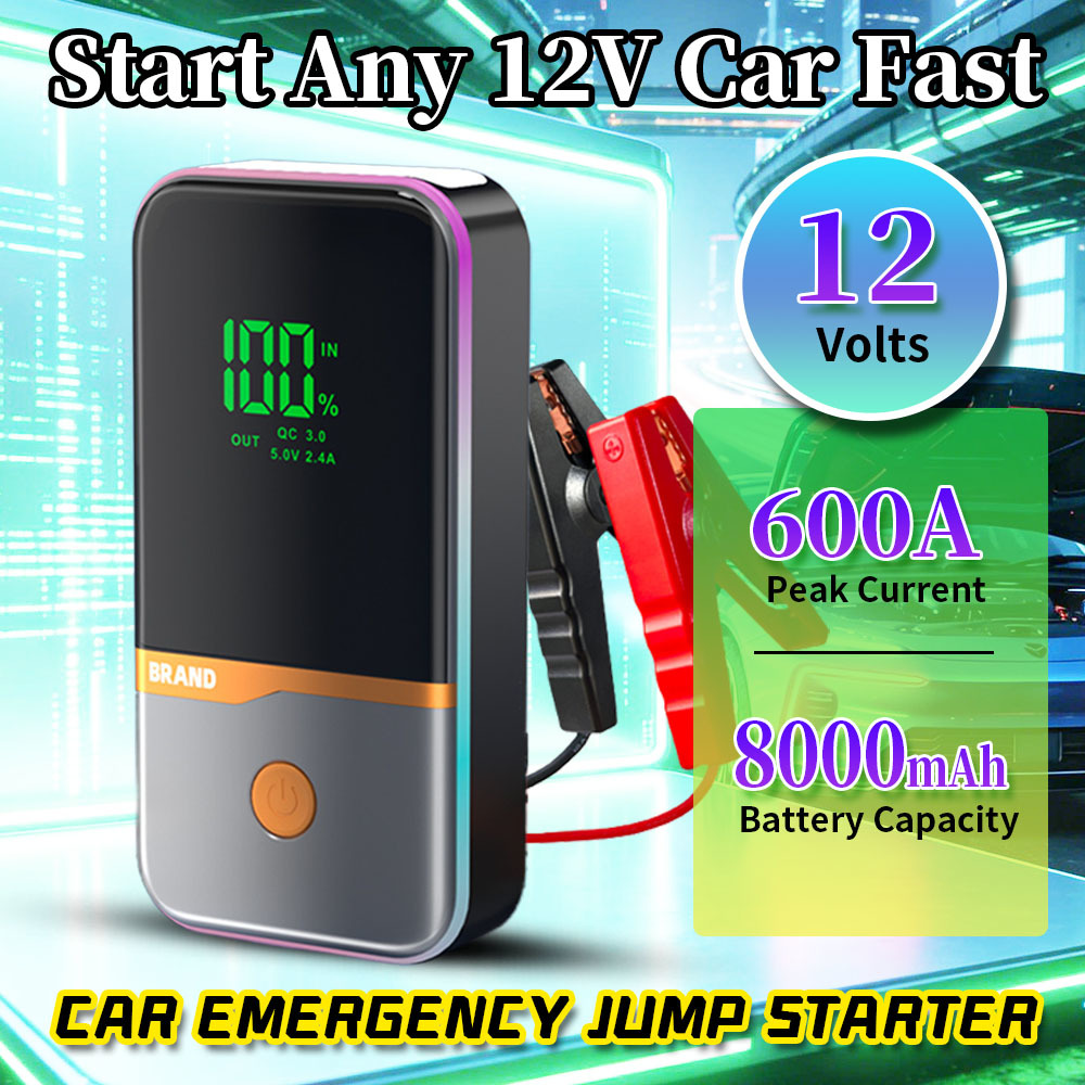 Smart 12V Jump Starter with 600A Peak Current 30000mAh Battery and LED Emergency Light for Vehicles