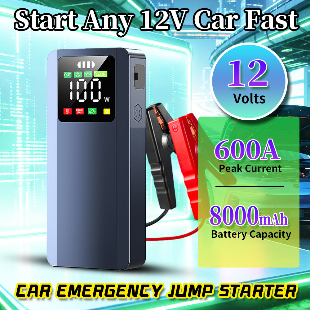 600A Peak Current Car Jump Starter with LED Emergency Light and 8000mAh Battery Capacity