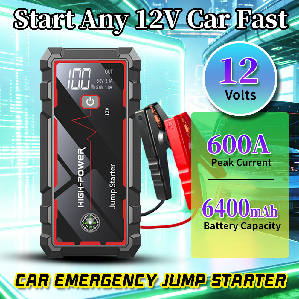 6400mAh 12V Car Emergency Jump Starter with 600A Peak Current for Fast Vehicle Starting