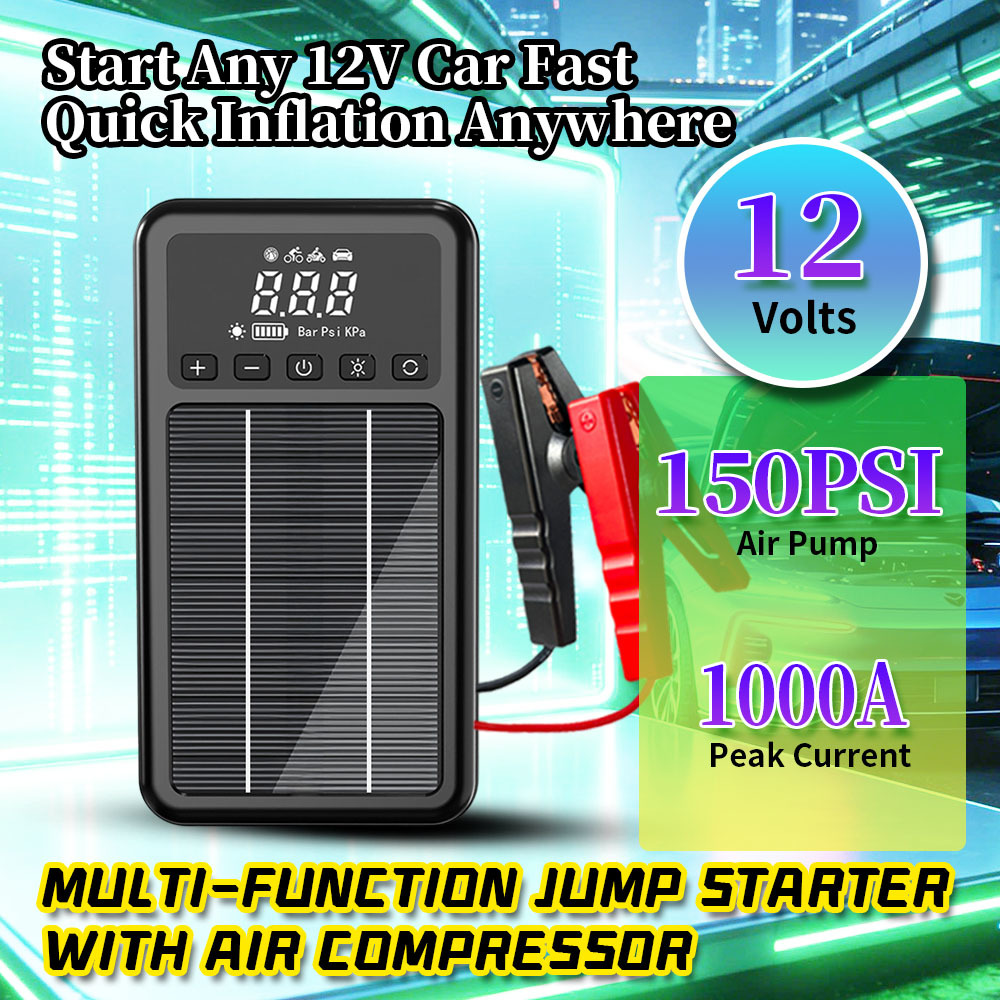 Solar 1000A Peak Current Multi-Function Jump Starter with 150PSI Air Compressor and High-Rate Polymer Ternary Lithium Battery