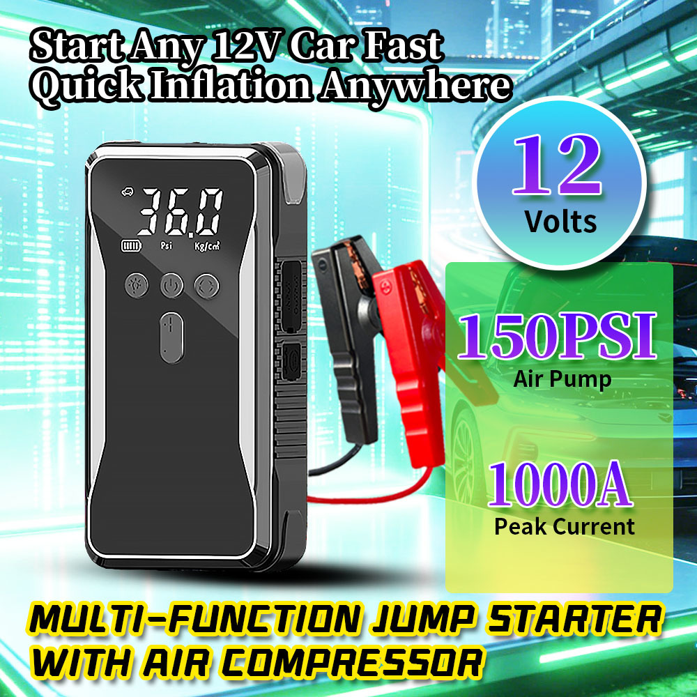 1000A Peak 12V Multi-Function Jump Starter with 150PSI Digital Air Compressor for Emergency Vehicle Starting and Tire Inflation