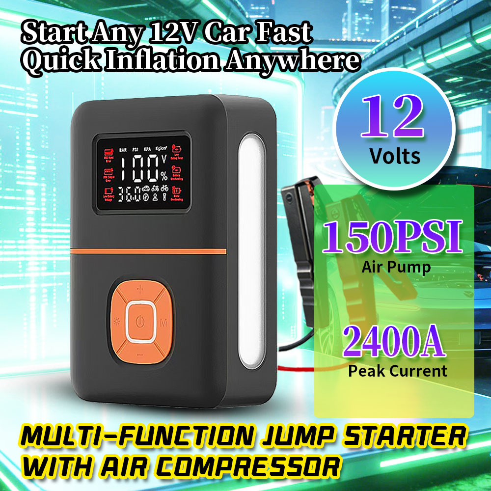 2400A Output Multi Functional Jump Starter with Tire Inflator and Built-In Emergency Lamp