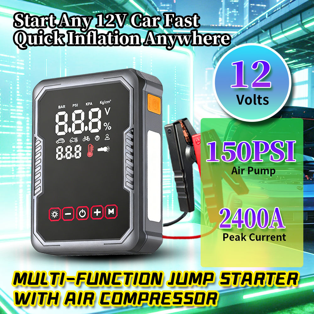 2400A Peak Current Multi Functional Jump Starter with 150 PSI Air Compressor and 8000mAh Battery Capacity