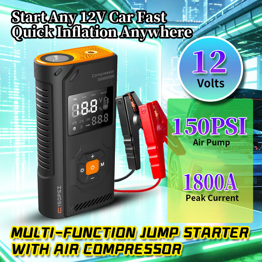 12000mAh Multi Functional Jump Starter with Built-In Tire Pump and LED Flashlight for Emergency Car Starting