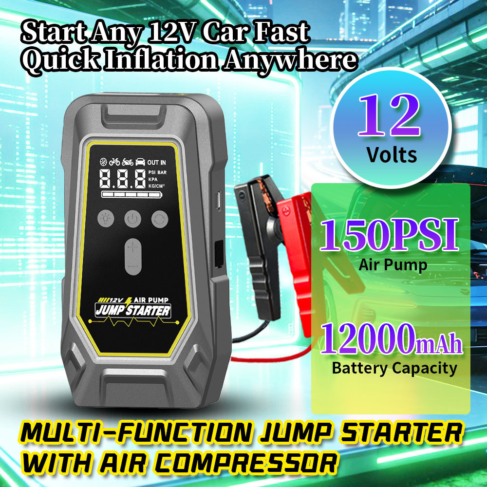 1000A Peak Current Multi-Function Jump Starter with 150PSI Air Compressor and 12000mAh Capacity