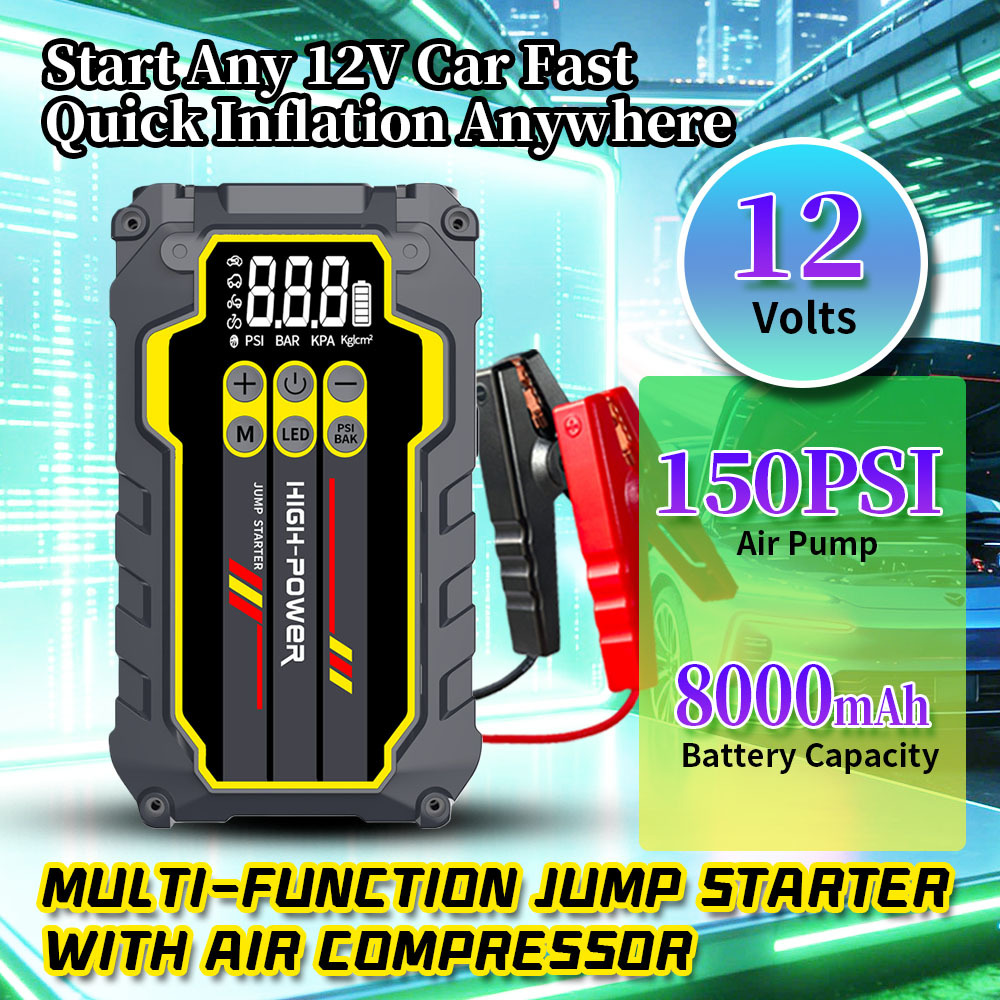 8000mAh 12V Multi Functional Jump Starter with Built-In Tire Pump and 600A Peak Current