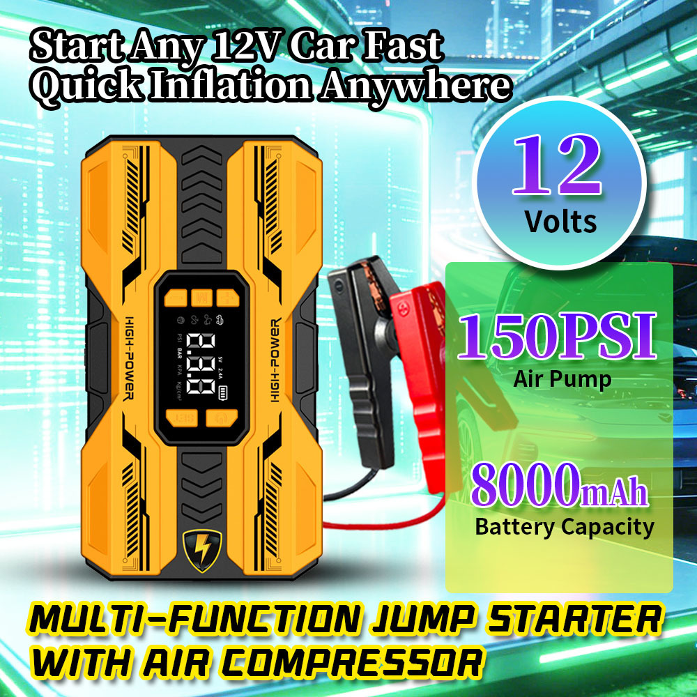 8000mAh Multi Functional Jump Starter with 150 PSI Air Compressor and 600A Peak Current for Emergency Vehicle Starting