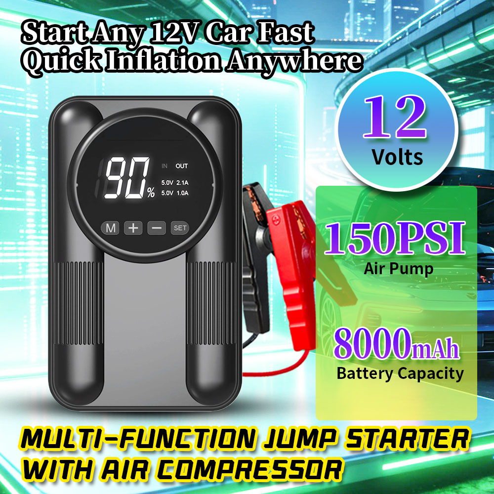 Portable Multi Functional Jump Starter with 8000mAh Battery Capacity 150 PSI Air Compressor and 1000A-1200A Peak Current