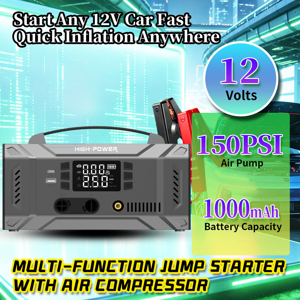 10000mAh 1000A Peak Current Jump Starter Power Station with 150 PSI Air Compressor for Emergency Vehicle Starting