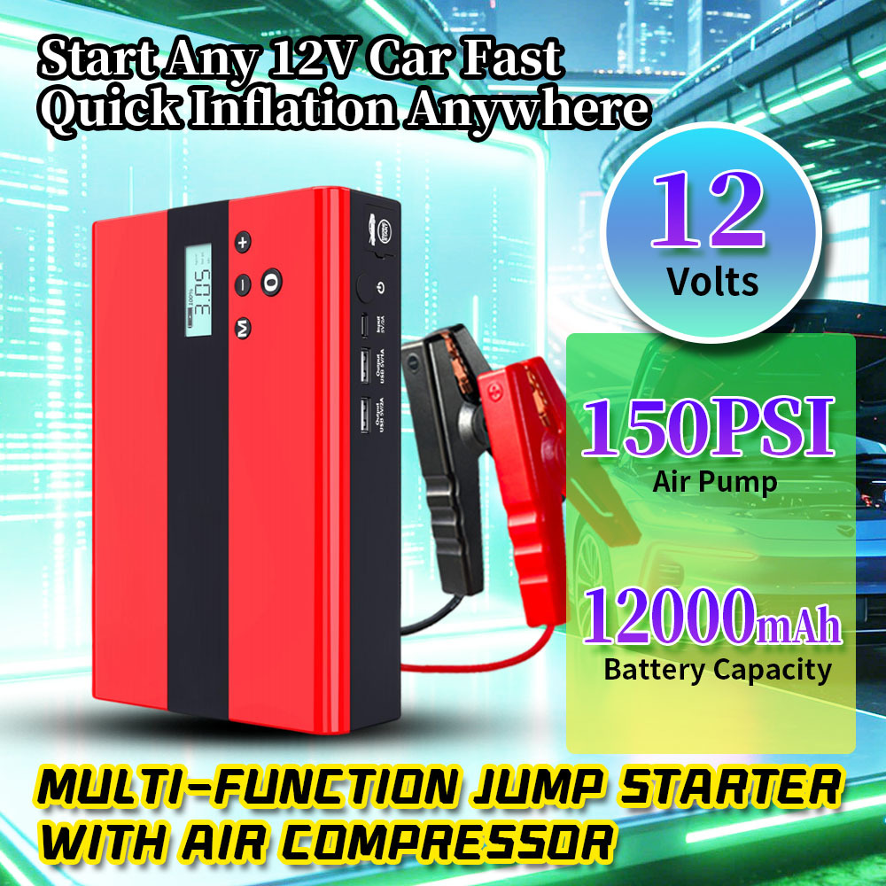 12000mAh 1000A Peak Current Multi Functional Jump Starter with 150 PSI Air Compressor and USB Charging