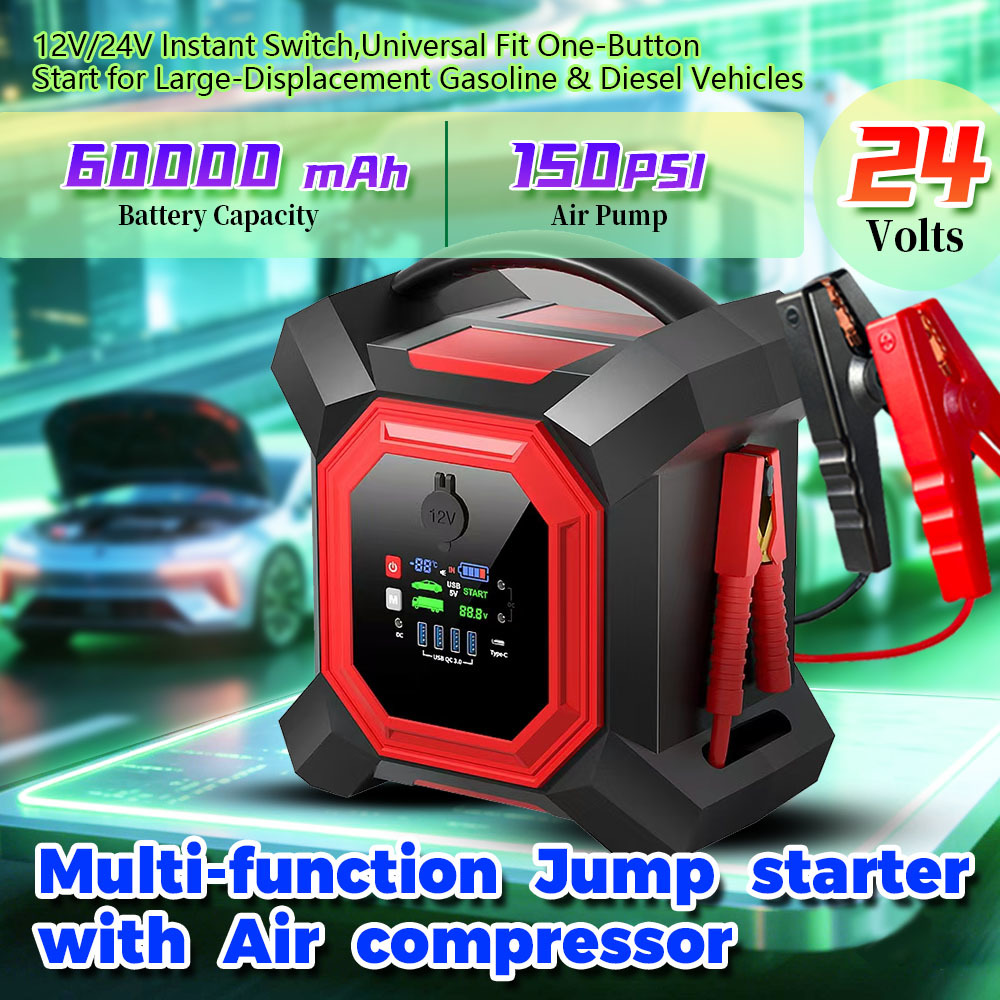Portable 24V Jump Starter with 64000mAh Battery 2000A Peak Current and 150PSI Air Compressor