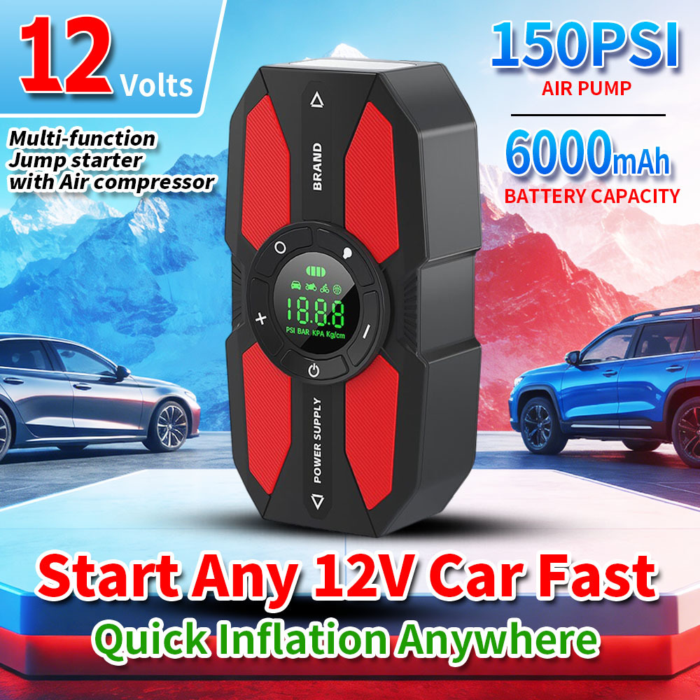 Rechargeable 12V Jump Starter with 600A Peak Current 150PSI Digital Air Compressor and Built-in LED Torch