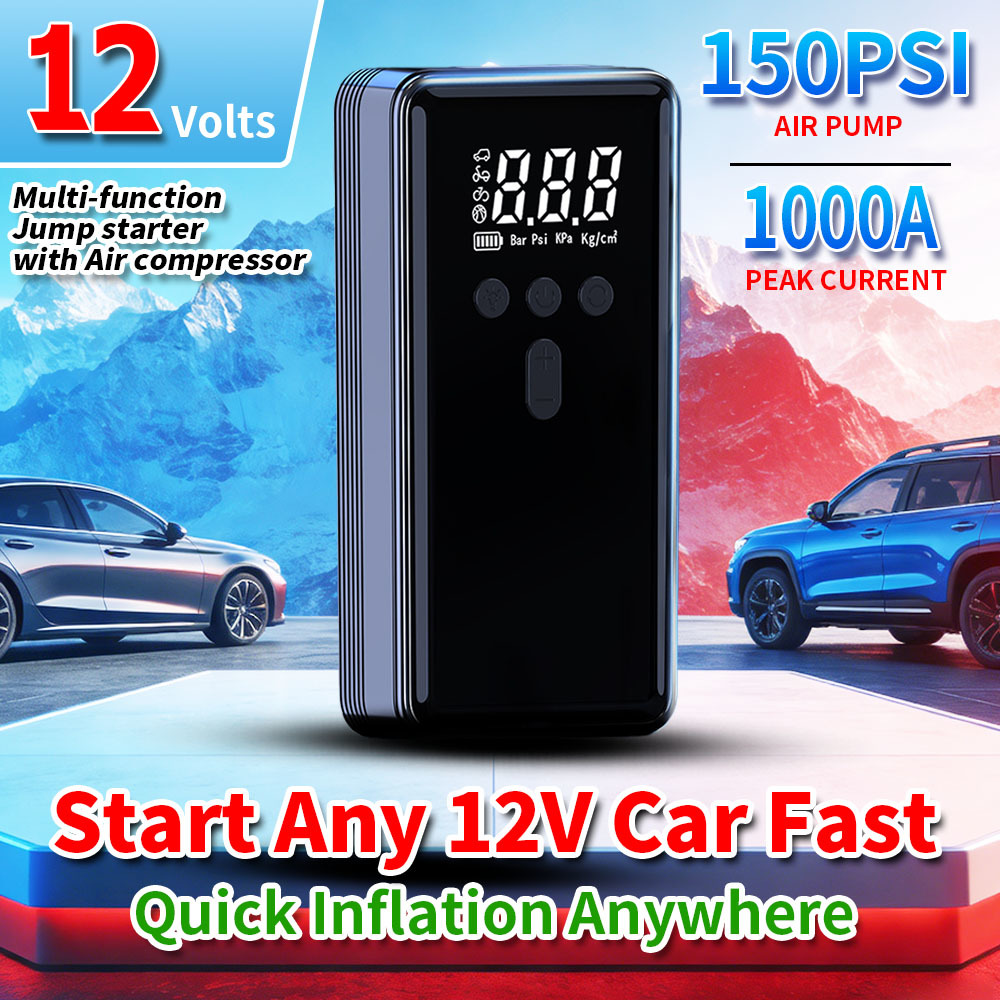 1000A Emergency Vehicle Jump Starter with Integrated 150PSI Air Compressor and Multi-Function Power Bank