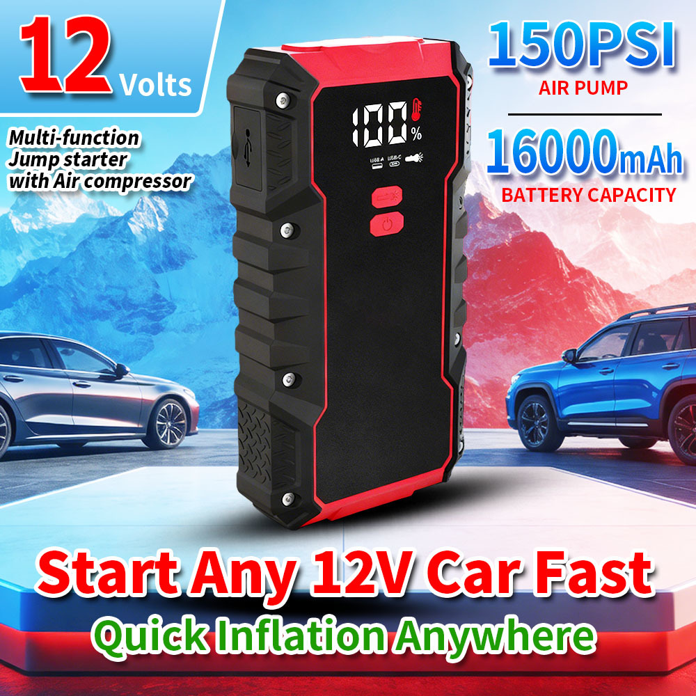 16000mAh Multi-Function Jump Starter with 150 PSI Air Compressor and LED Emergency Torch for Cars and SUVs