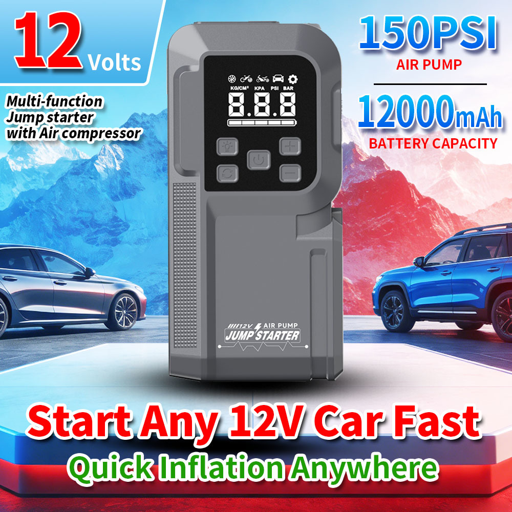 12000mAh Battery Multi-Function Jump Starter with 150 PSI Air Compressor and LED Emergency Light