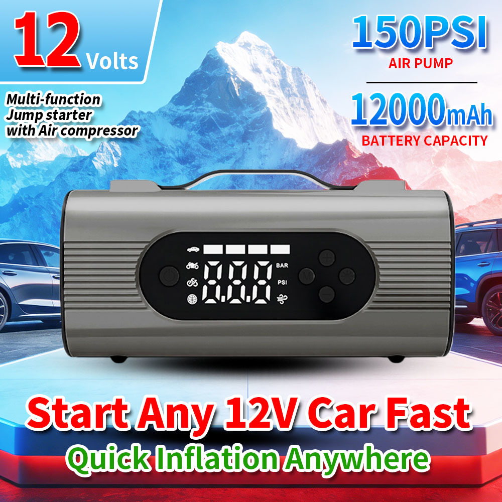 Heavy-Duty 12000mAh Battery Jump Starter with 150 PSI Air Compressor and 1000A Peak Current for Emergency Vehicle Charging